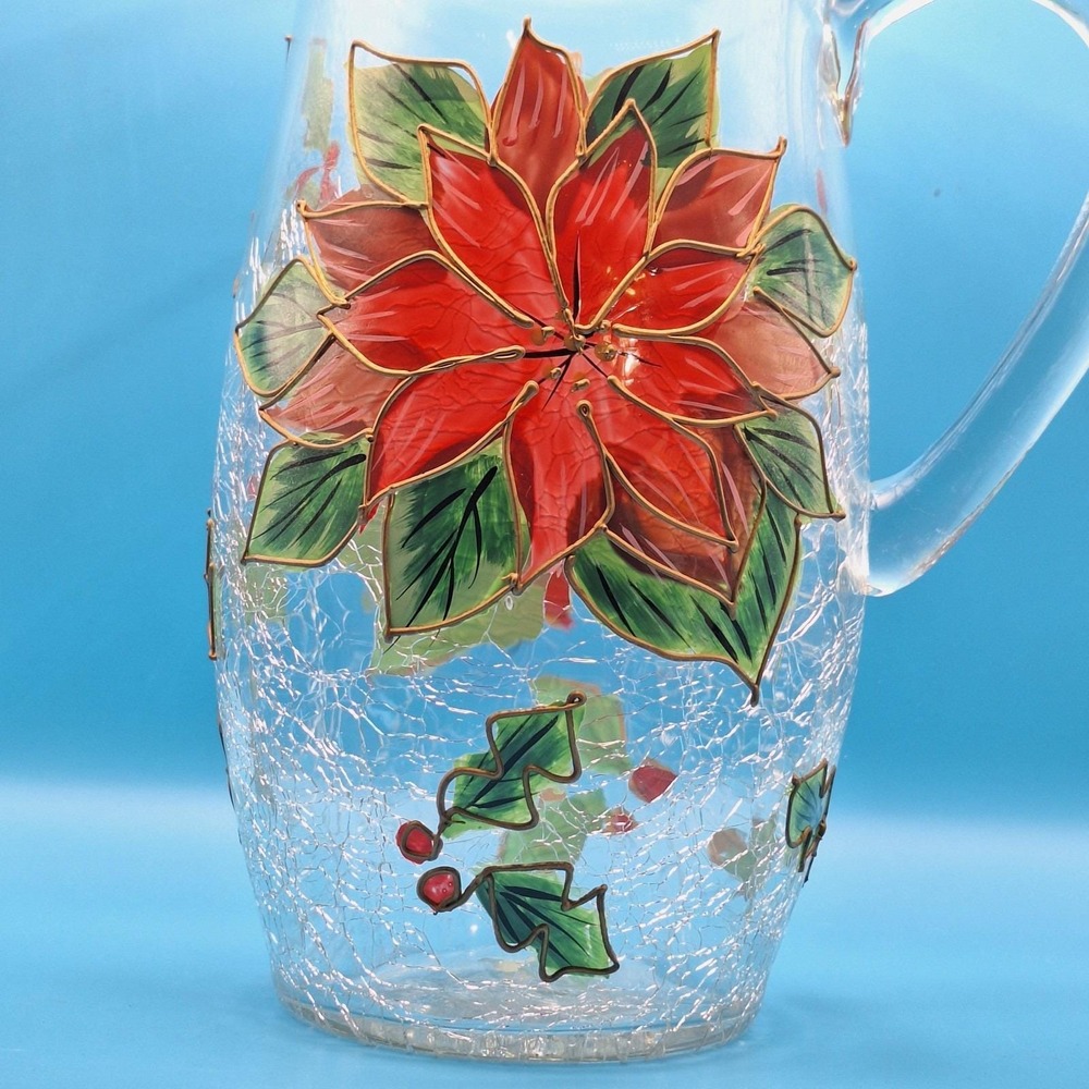 Vintage Poinsettia Glass Pitcher 72 oz Hand Painted Crackle Glass